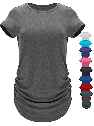 GO HEAVY Damen Multifunktions Fitness Sport T-Shirt Kurzarm Yoga Gym Sportshirt Crew-Neck Atmungsaktiv Grau L