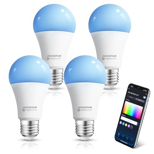 Aigostar Alexa Glühbirne E27 SL2 Smart Lampe 9W WLAN Lampe LED RGBCW 2700-6500K Dimmbare, Mit Musik synchronisieren (9w, 4 Stück，A)