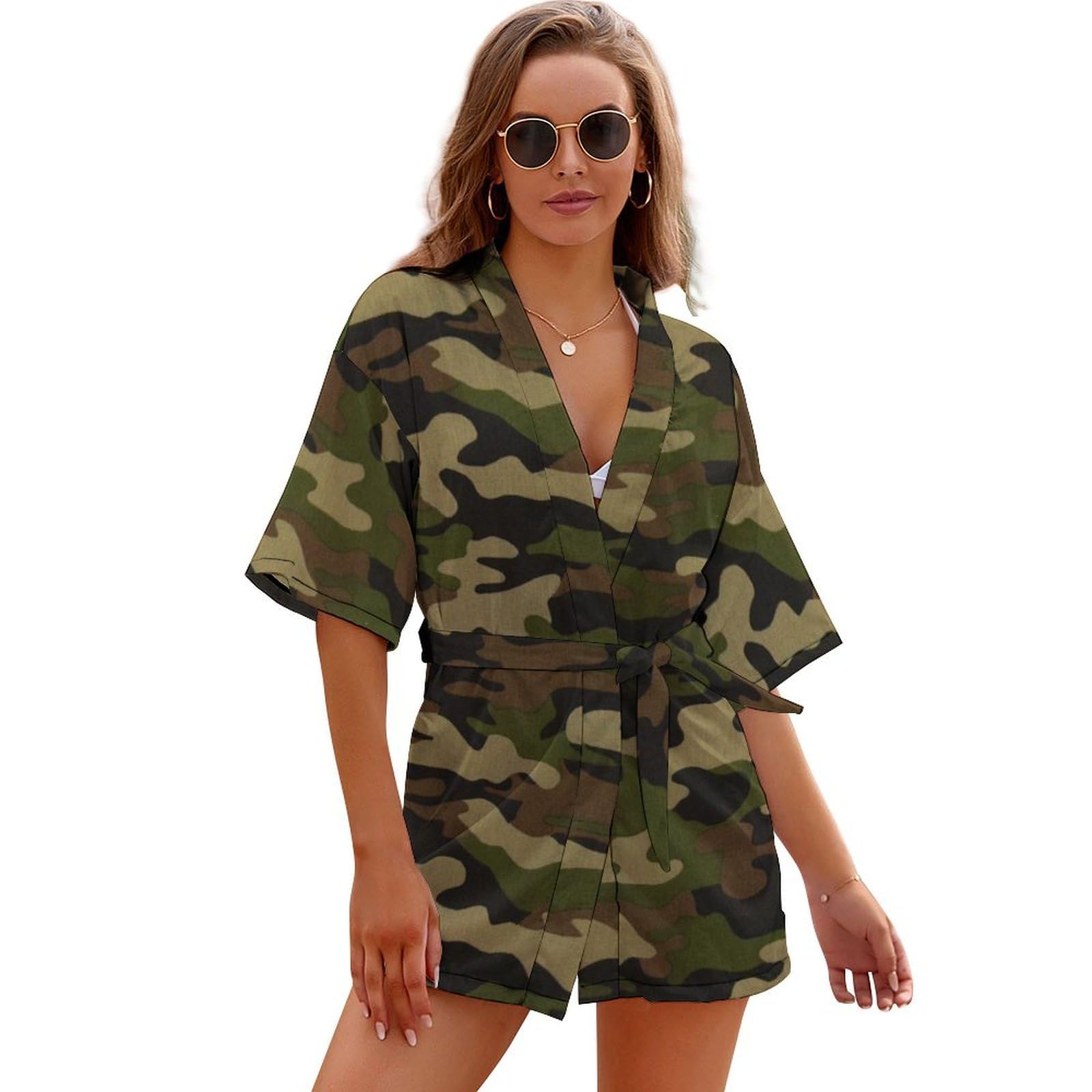 HABXNJF Kurze Damen-Bademäntel, Armee-Camouflage-Morgenmantel, V-Ausschnitt, Nachthemd für Bad, Party, Strand, Armee Camouflage, 38