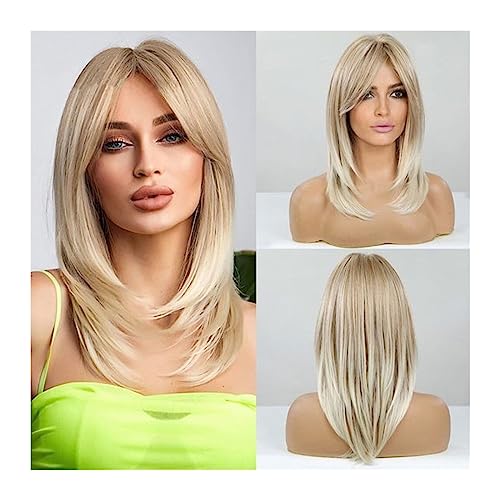 Perücken Lange blonde geschichtete Perücken for Frauen, synthetische Perücke mit Pony, natürlich aussehendes glattes Hochtemperaturhaar for den Alltag Die besten Perücken aus Echthaar