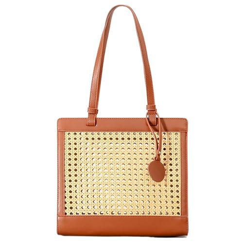 Rattan -Tasche für Frauen gewebt Hollow Rattan -Geldbörse Pastoral -Einzel -Umhängetasche mit Tag 12x5x12in Reißverschluss Rattan -Einkaufstasche für Strand, braune Modebags