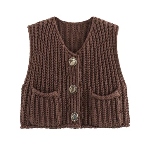 Sweater Vests Women 2024, Women's Button Front V Neck Sleeveless Crochet Solid Checkered Knit Sweater Vest with Pockets (Coffee,Small)