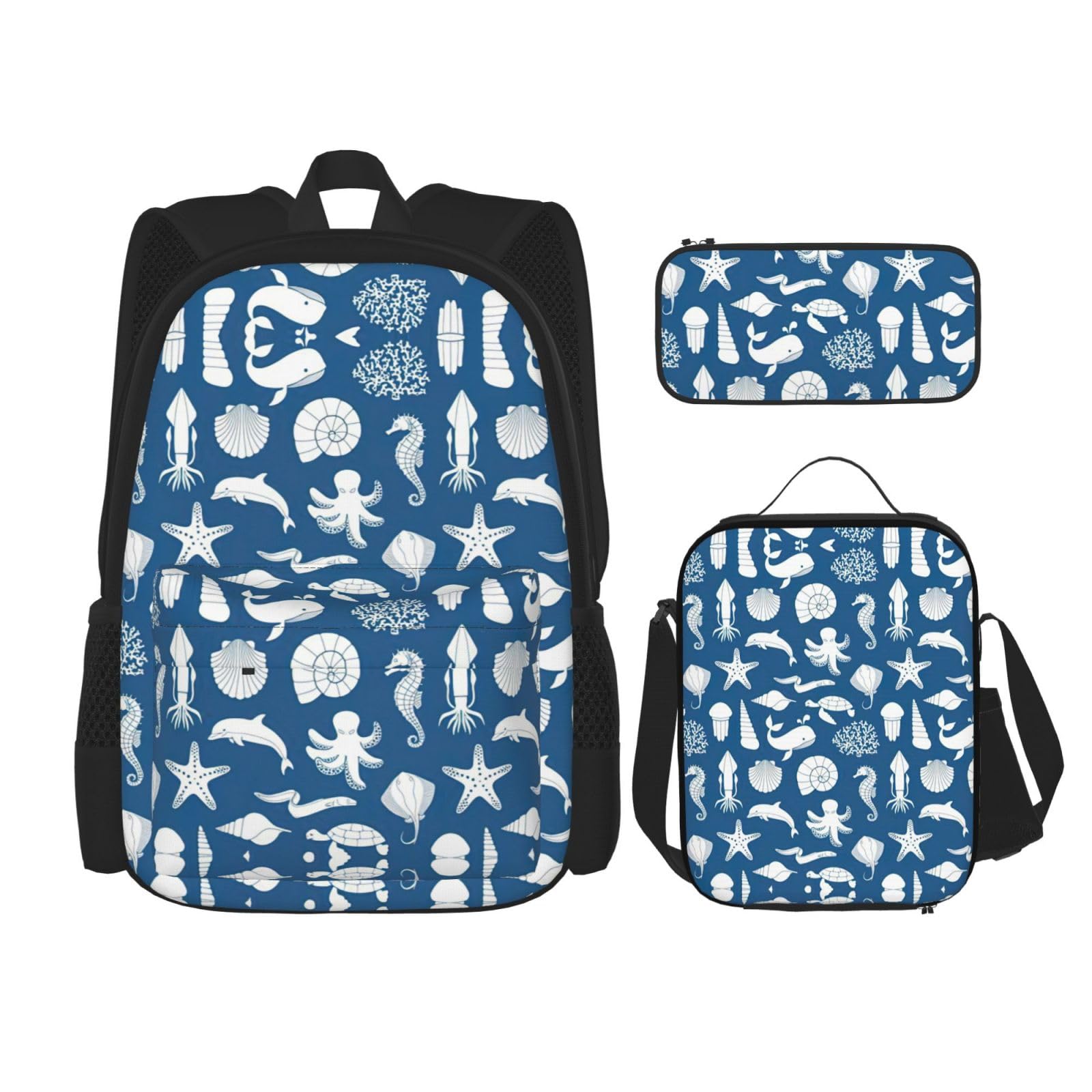 WURTON Underwater Marine Life Print Shoulder Backpack 3 In 1 Bookbag Set Lunch Box Pencil Case Travel Laptop Daypacks