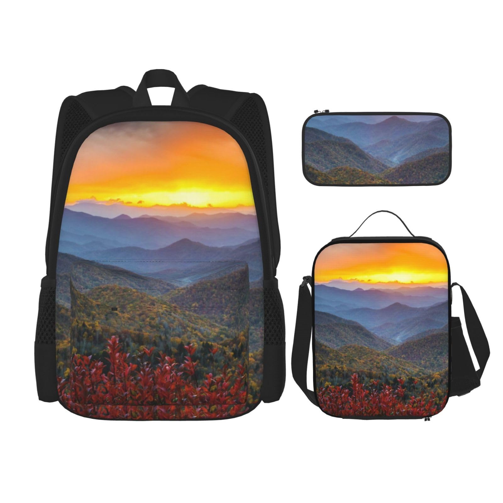 DENMER Mehrzweck-Schultasche mit passendem Federmäppchen und Lunchtasche, stilvolle All-in-One-Lösung, Blue Ridge Parkway Mountains, Einheitsgröße