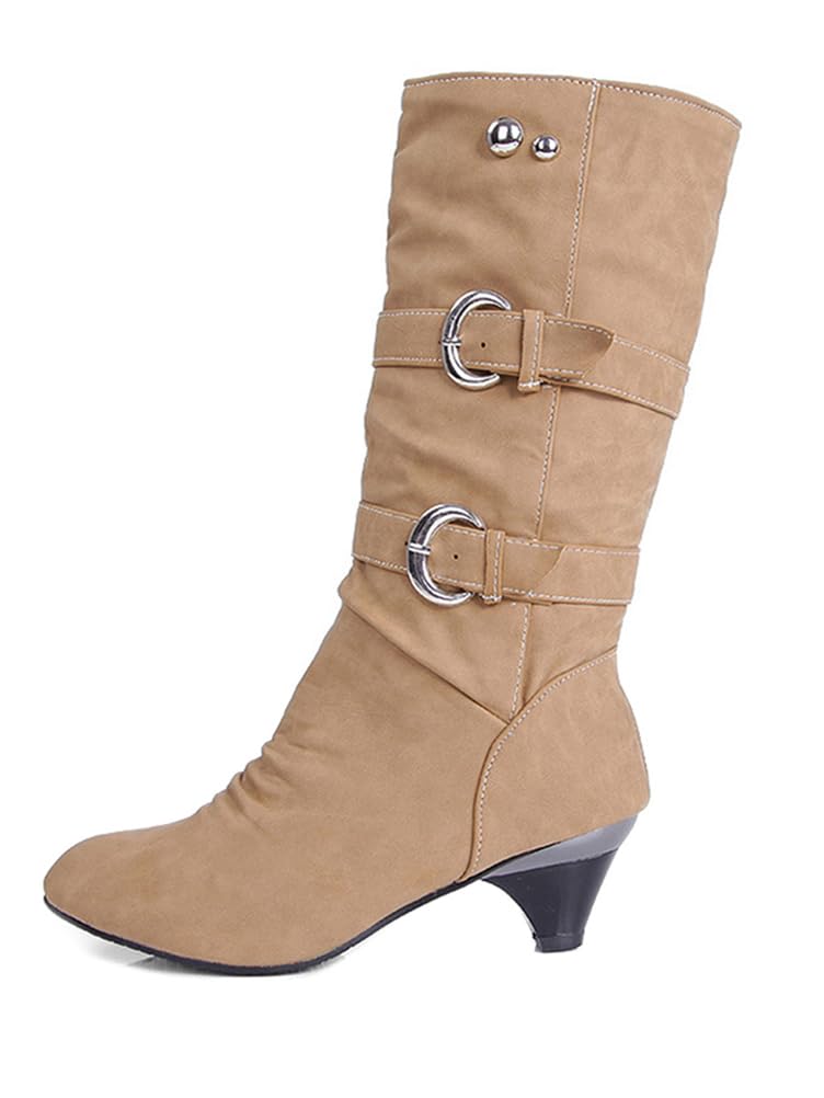 ShallGood Damen Elegant Stiefel Winterstiefel Mittlerer Absatz mit Schnalle Blockabsatz Schuhe Schenkelhoch Outdoor Stiefel Z1 Khaki 40 EU