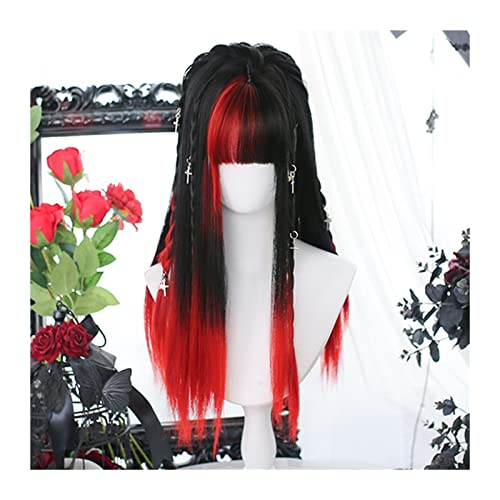 Perücke für Frauen Rot-schwarze Farbverlaufshaarperücke mit Pony, lange gerade Cosplay-Haarperücke, natürliche hitzebeständige synthetische Perücke, Party, Halloween Human Hair Wig