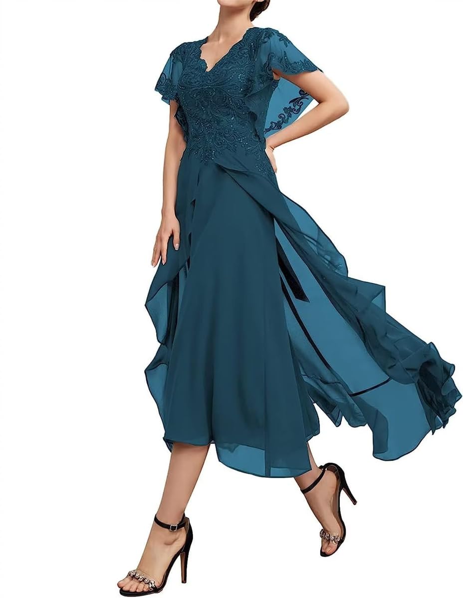 SAMHO Frauen Rüschen Ärmel Tee Länge Mutter der Braut Kleider Perlen Spitze Chiffon Formale Abendkleid, pfau, 40