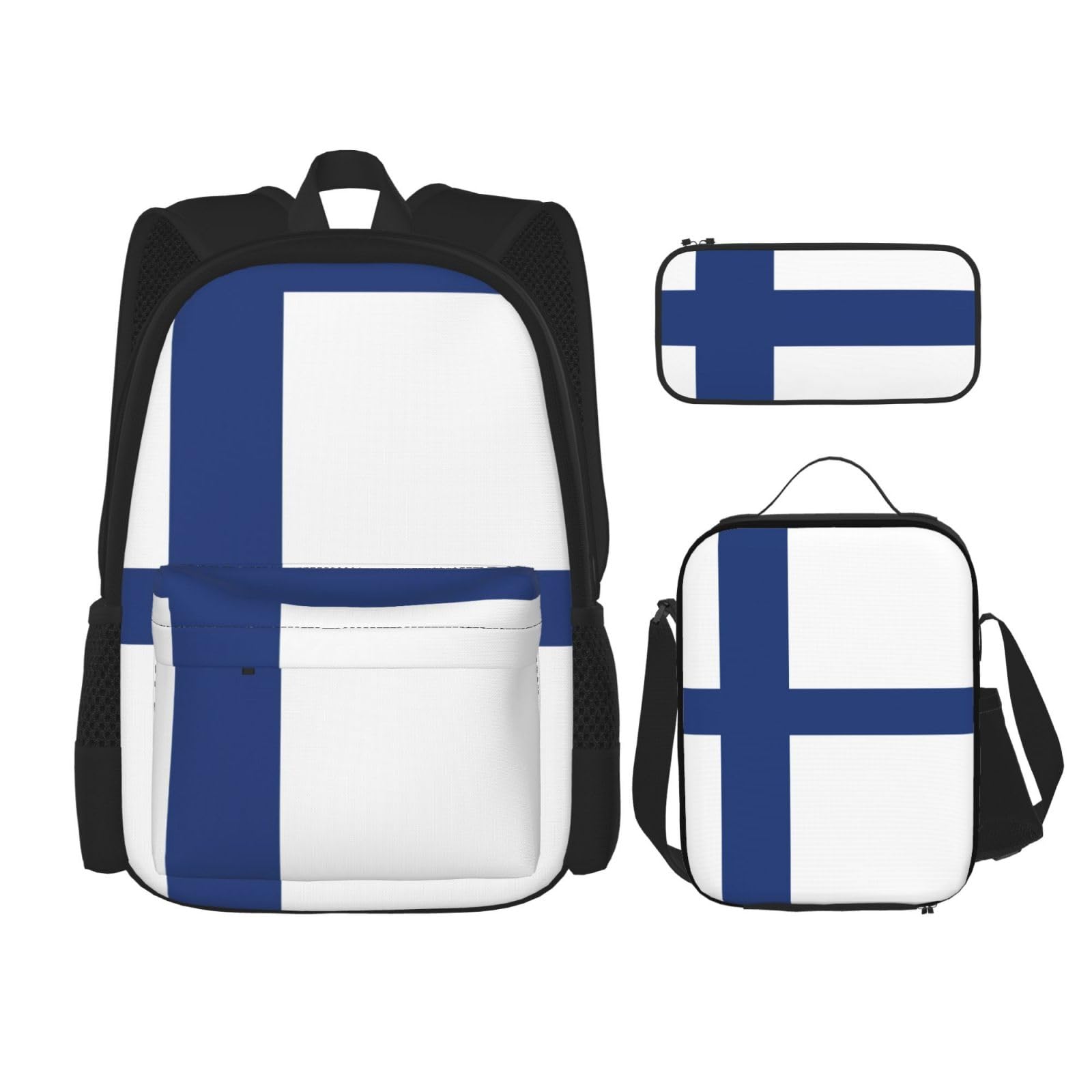 WURTON Schulrucksack-Set mit finnischer Flagge, mit Lunchtasche, Federmäppchen, Kombination, Schultaschen-Set