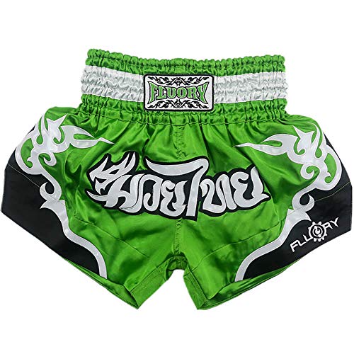 Fluory Muay Thai Shorts, reißfeste Boxshorts MMA Kampfkick Bekleidung für Männer Frauen Kinder Kampfsport Training Grappling M grün