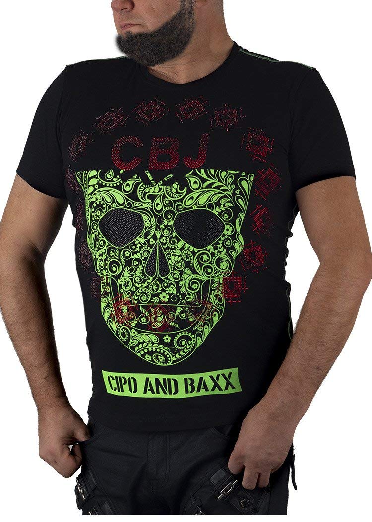 Cipo & Baxx Herren T-Shirt Neon Print Totenkopf Casual Baumwolle Pailletten Kurzarm Shirt CT545 Schwarz M