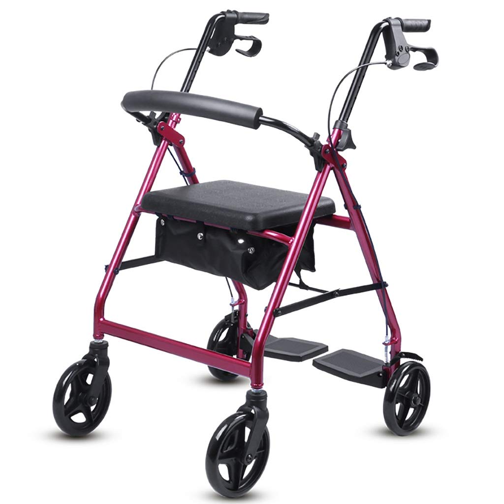 Faltbare Gehhilfe aus Aluminium, Gehhilfe, Rollator, Einkaufswagen mit Sitz, Handbremse und Fußstütze (Rot) (Farbe: Blau) (Rot)