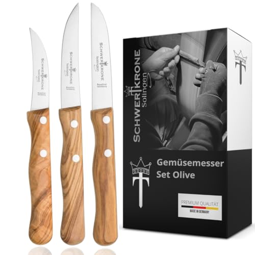 Schwertkrone 3er-Set Obst- und Gemüsemesser mit Olivenholzgriff, rostfrei, Qualität aus Solingen - Made in Germany