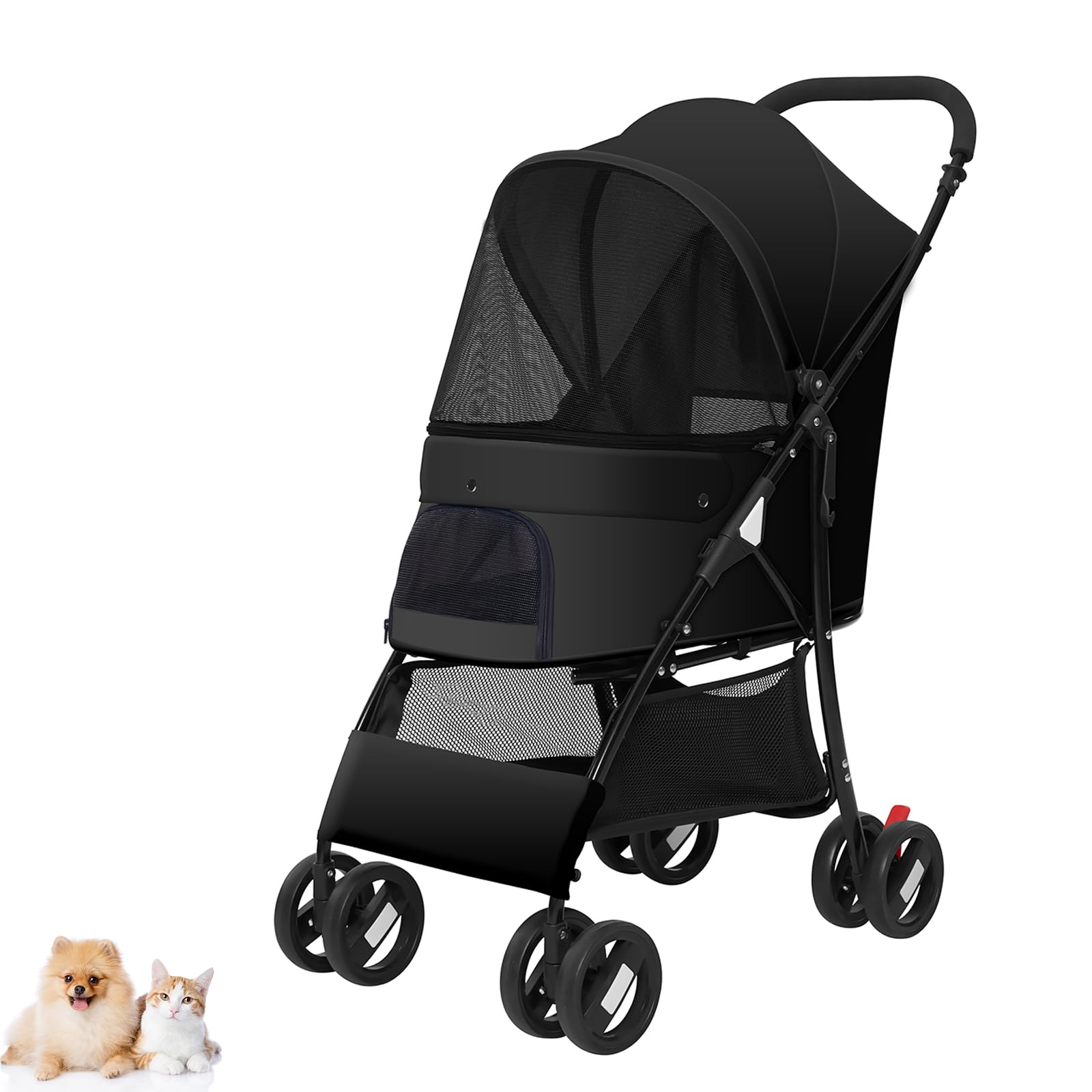 KKXXYQFC Zusammenklappbarer Haustier-Kinderwagen, 4 Räder, Hunde-Kinderwagen für kleine/mittelgroße Hunde und Katzen, mit Netzfenstern und Aufbewahrungskorb, Tragetasche, Schwarz