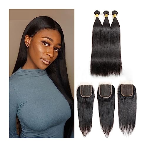 Human Hair Bundles Gerade Bundles mit Verschluss der Güteklasse 10A, Remy, 25,4–86,4 cm, Echthaar, 3 Bundles mit Verschluss, brasilianische Haarbündel mit Verschluss, natürliches Schwarz human hair we