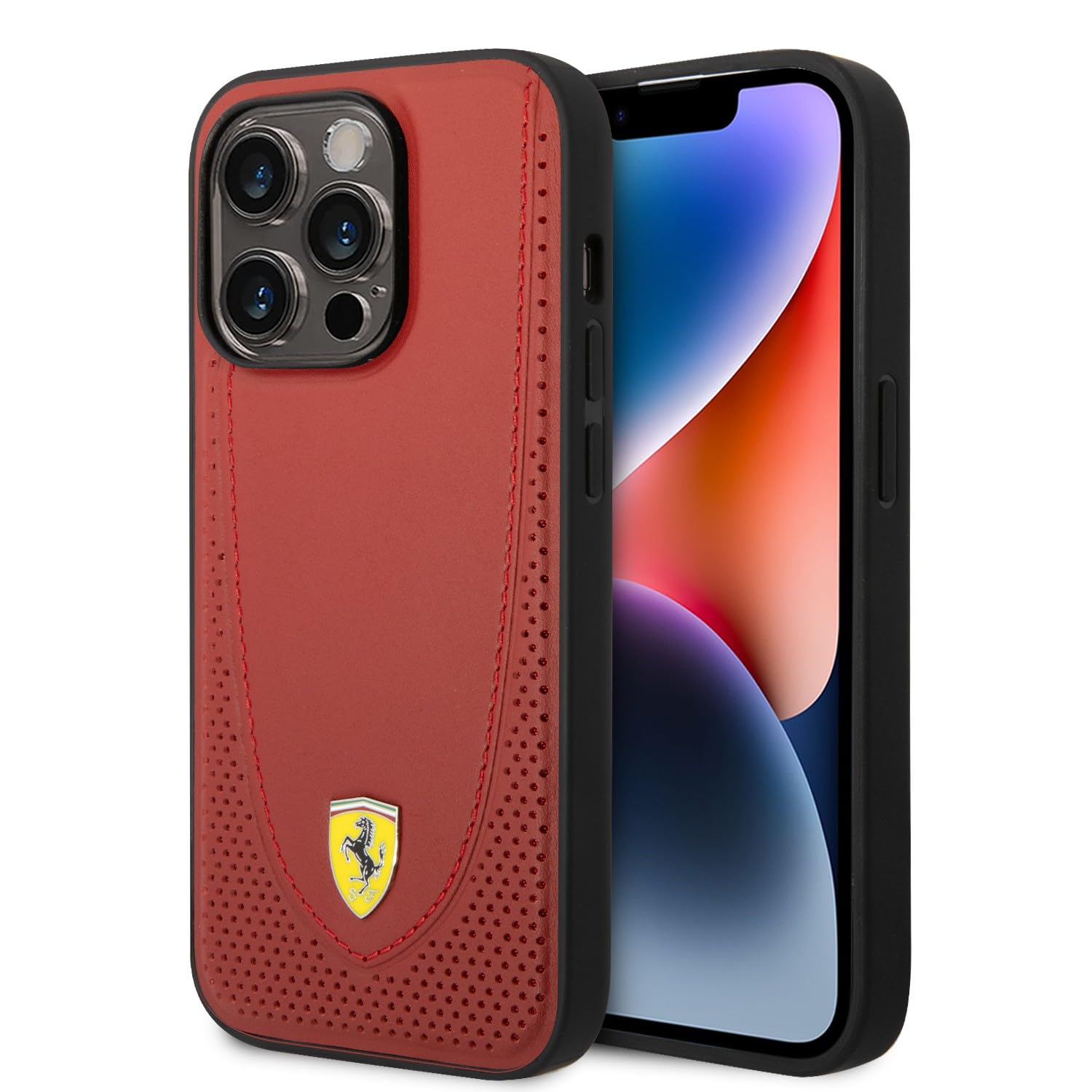 CG MOBILE Ferrari Kompatibel mit Magsafe Echtes Leder Hardcase Gebogene Linie Genäht und Perforiertes Leder, Stoßstangenschutz, Präzise Aussparungen, iPhone 14 Pro (Rot)