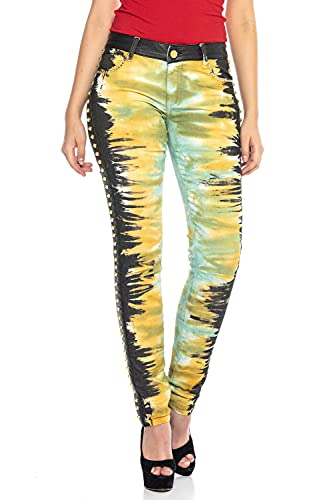 Cipo & Baxx Damen Jeans Hose Kunstleder Nieten Farbe Slim Fit Pants WD429 Gelb W31 L34