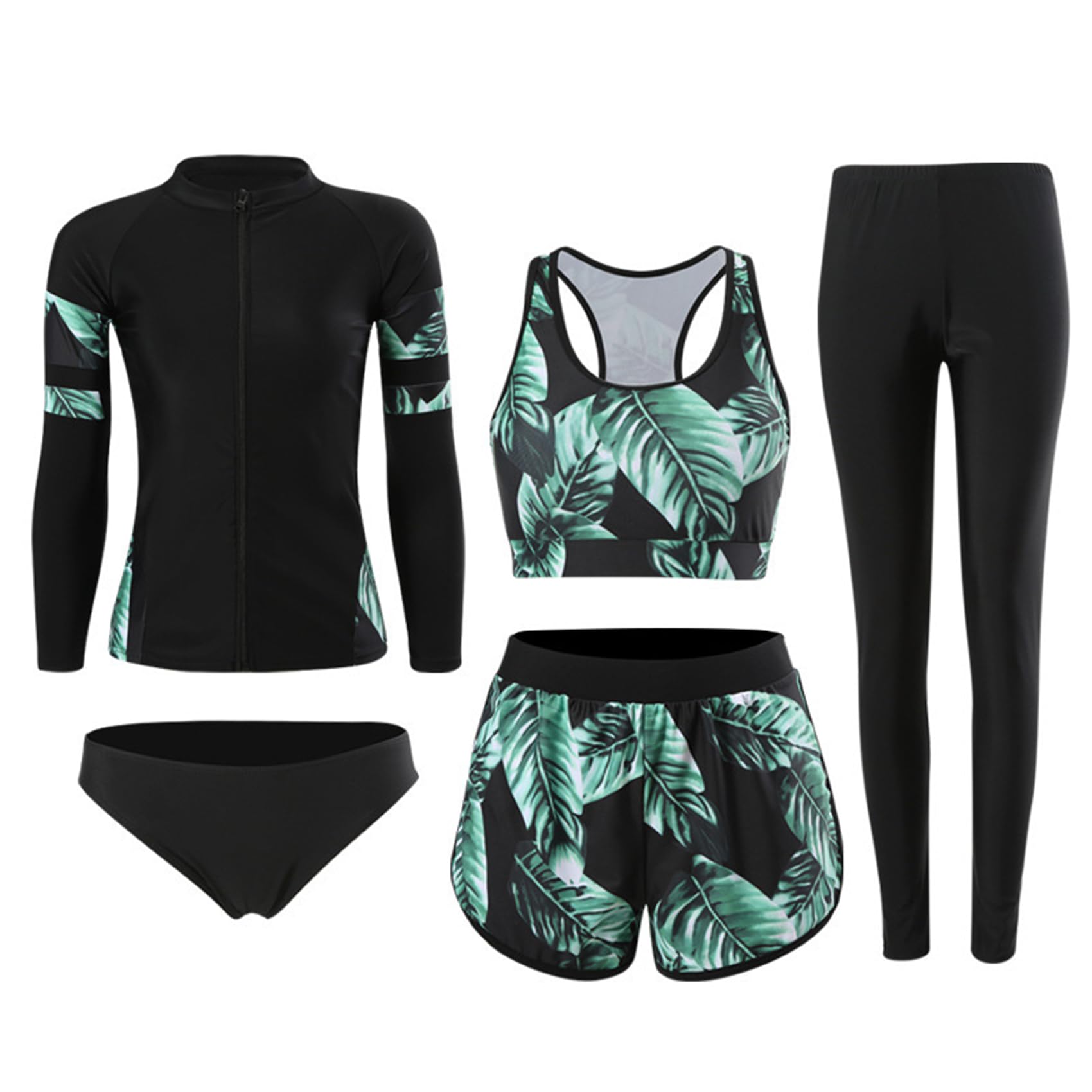 RUIZE Langarm-Badeanzug für Herren und Damen, 5-teiliges Set, elastischer Surfanzug mit Reißverschluss, UV-Schutz-Rashguard-Set, Sommer-Strand-Wasserspiel-Surf-Badeanzug,Women's,L