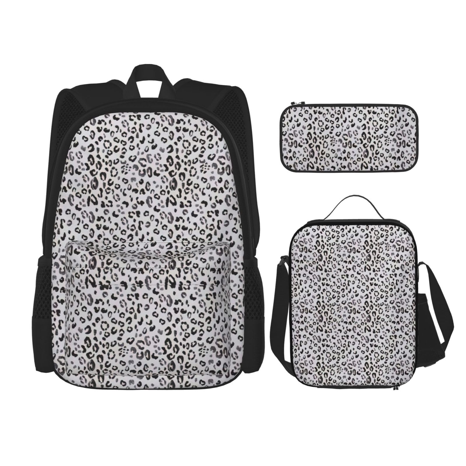 WURTON Rucksack-Set mit Leopardenmuster, verstellbare Schultergurte, Lunch-Tasche, Federmäppchen, Kombinationstaschen-Set, Schwarz, One Size