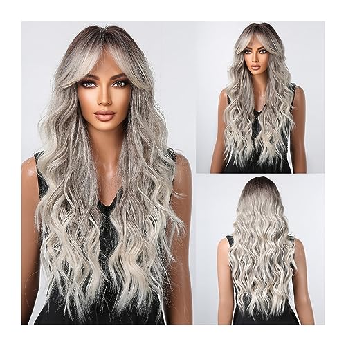 Perücken Cosplay-Party, hitzebeständig, künstliches Haar, synthetische braun-blonde Perücke, lange, tiefe, gewellte Haarperücke mit Pony for Frauen Damenperücke(Color:LC2102-1 wig)