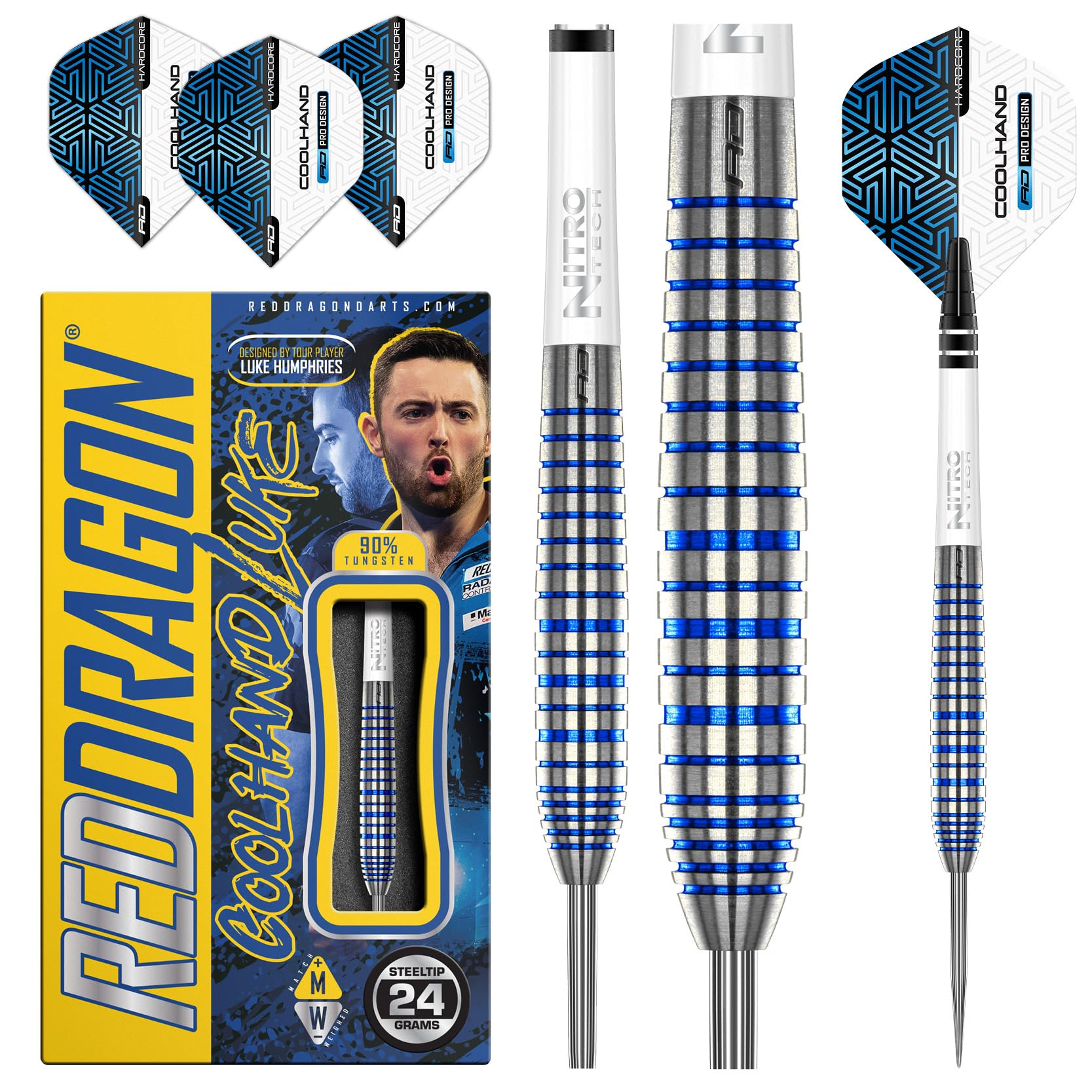 RED DRAGON Luke Humphries TX3 Cool Blau SE 24 Gramm Premium Wolfram Steeltip Dart Set mit Flüge und Schäften