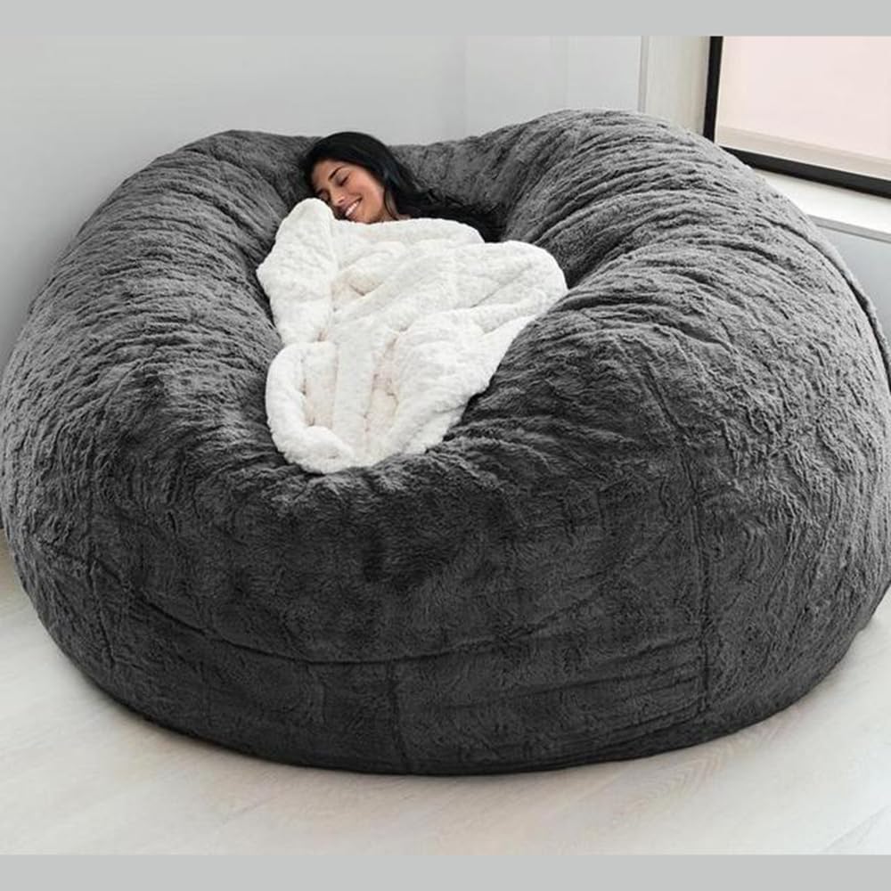 Sitzsack Stuhl Abdeckung (nur Abdeckung, Keine Füllung), Round Soft and Fluffy Faux Fur Bean Bag Lazy Sofa Bed Cover für Gaming-Stühle und Gartenstühle Giant Fur Bean Bag 180 * 90cm/7ft