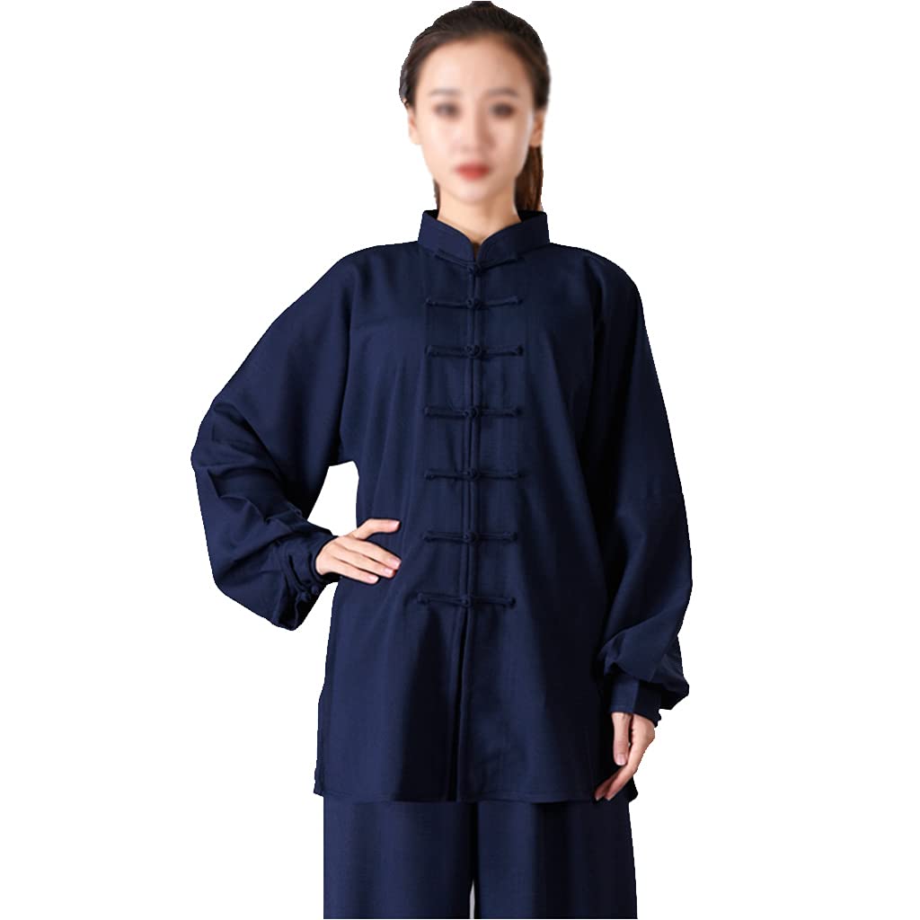 ZHOUXIAO Baumwollleinen Taichi Uniform Frau Stretch Martial Arts Anzug Kung Fu Kleidung Zen Meditation Kleidung Morning Übungen Kleidung Langarm Jacke Hemd Hosen cyan1-L