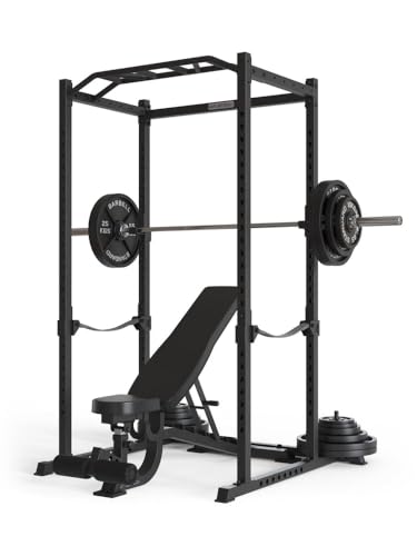 Atletica R5 Basic Power Rack mit Latzug, Multi-Grip Pull-Up Bar, Pin-and-Pipe-Safeties, J-Hooks & Gewichts-Pins | 211 cm Höhe | 128 kg Eigengewicht