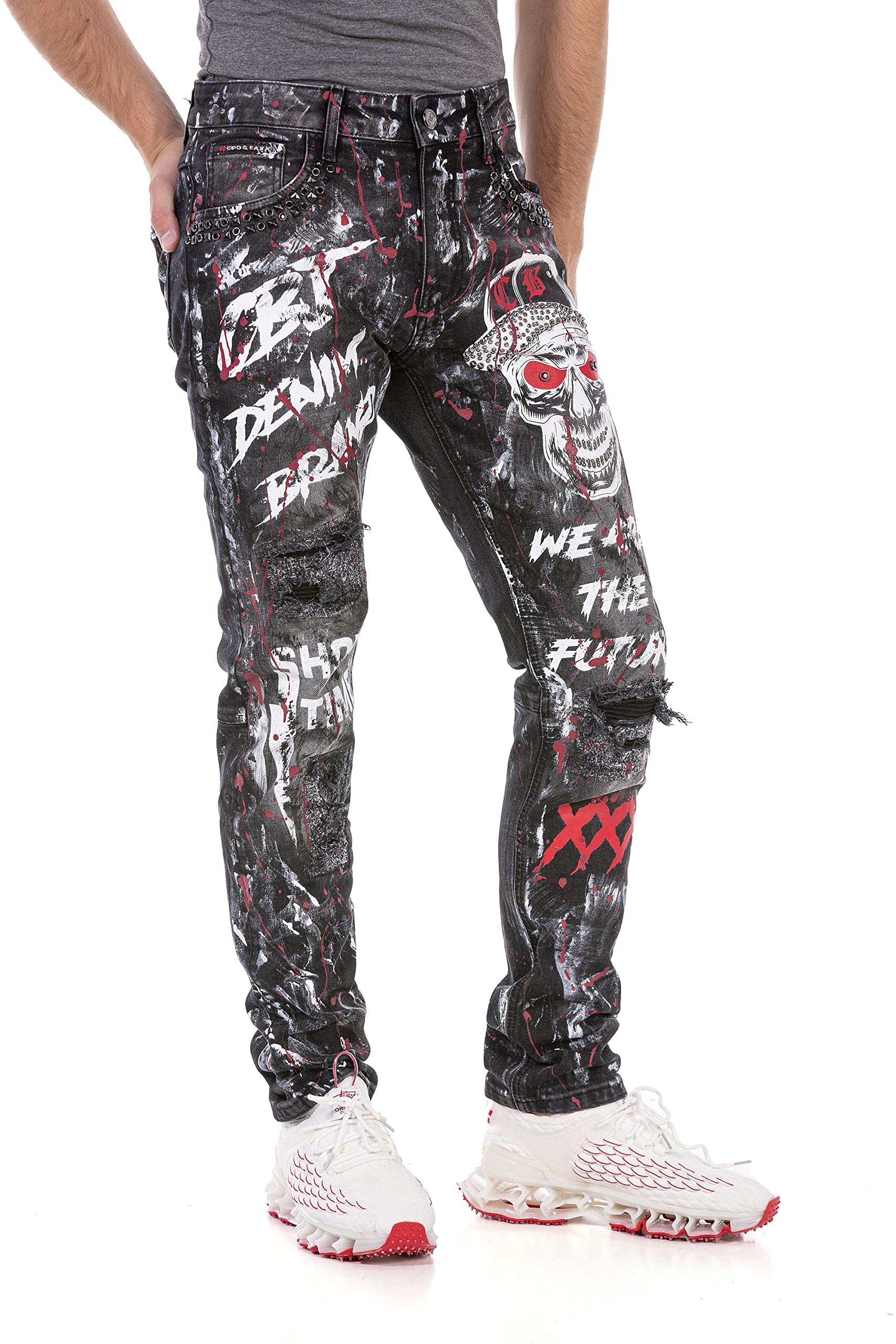 Cipo & Baxx Herren Jeanshose Hose Denim Destroyed Regular Fit Graffiti Design Straight CD700 Schwarz W34 L34