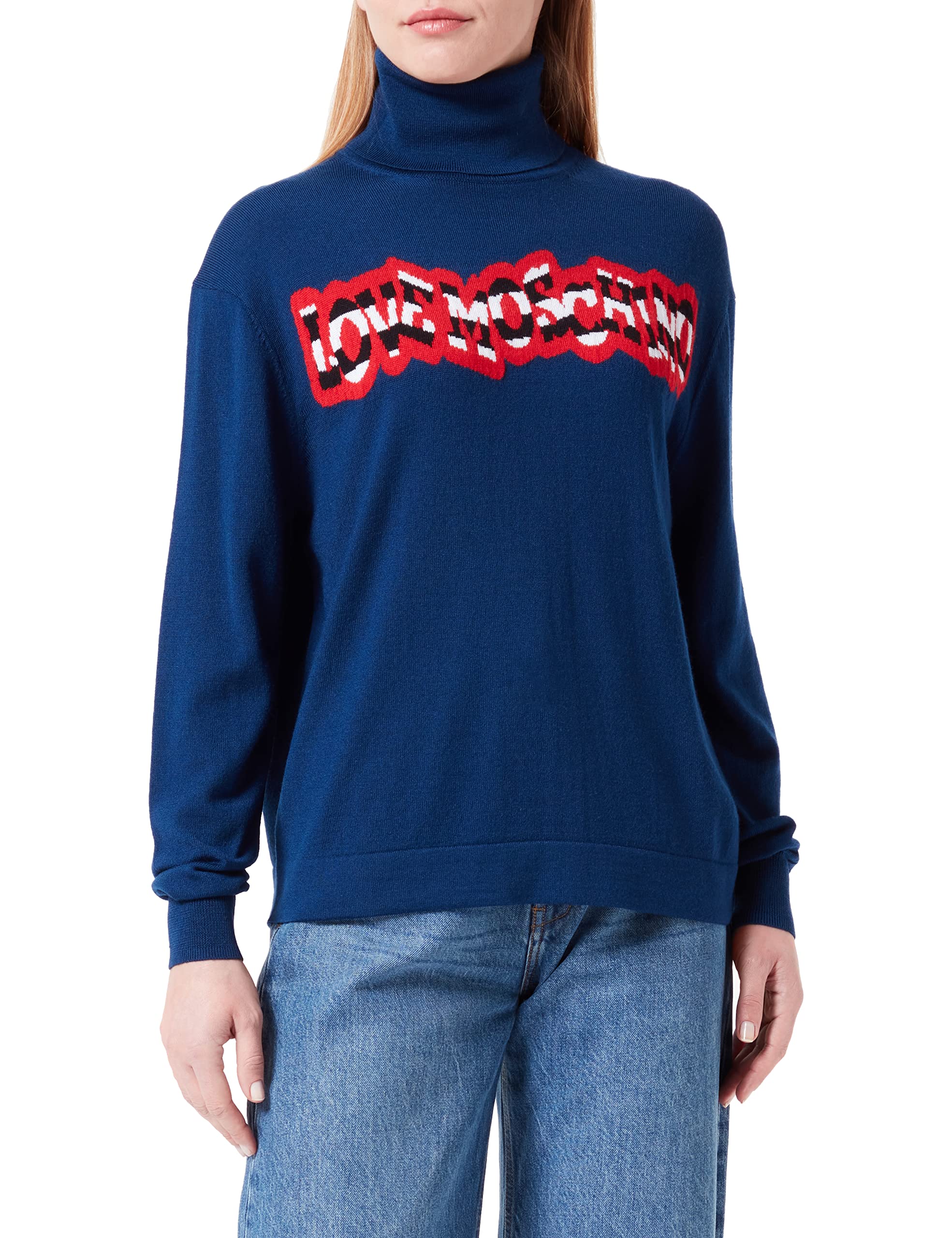 Love Moschino Women's Long-Sleeved Turtleneck with Striped Logo Pullover Sweater, Blue, 46