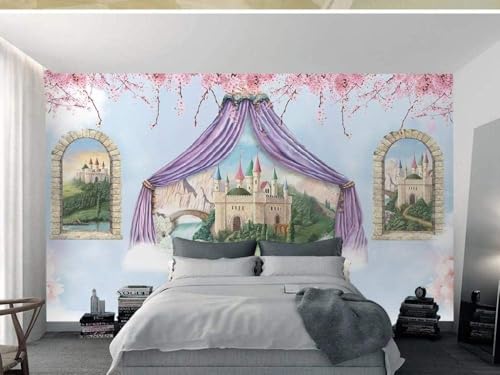 Cartoon Traumschloss Rosa Blume 3D Tapete Poster Restaurant Schlafzimmer Wohnzimmer Sofa TV Dekorative Wand-300cm×210cm