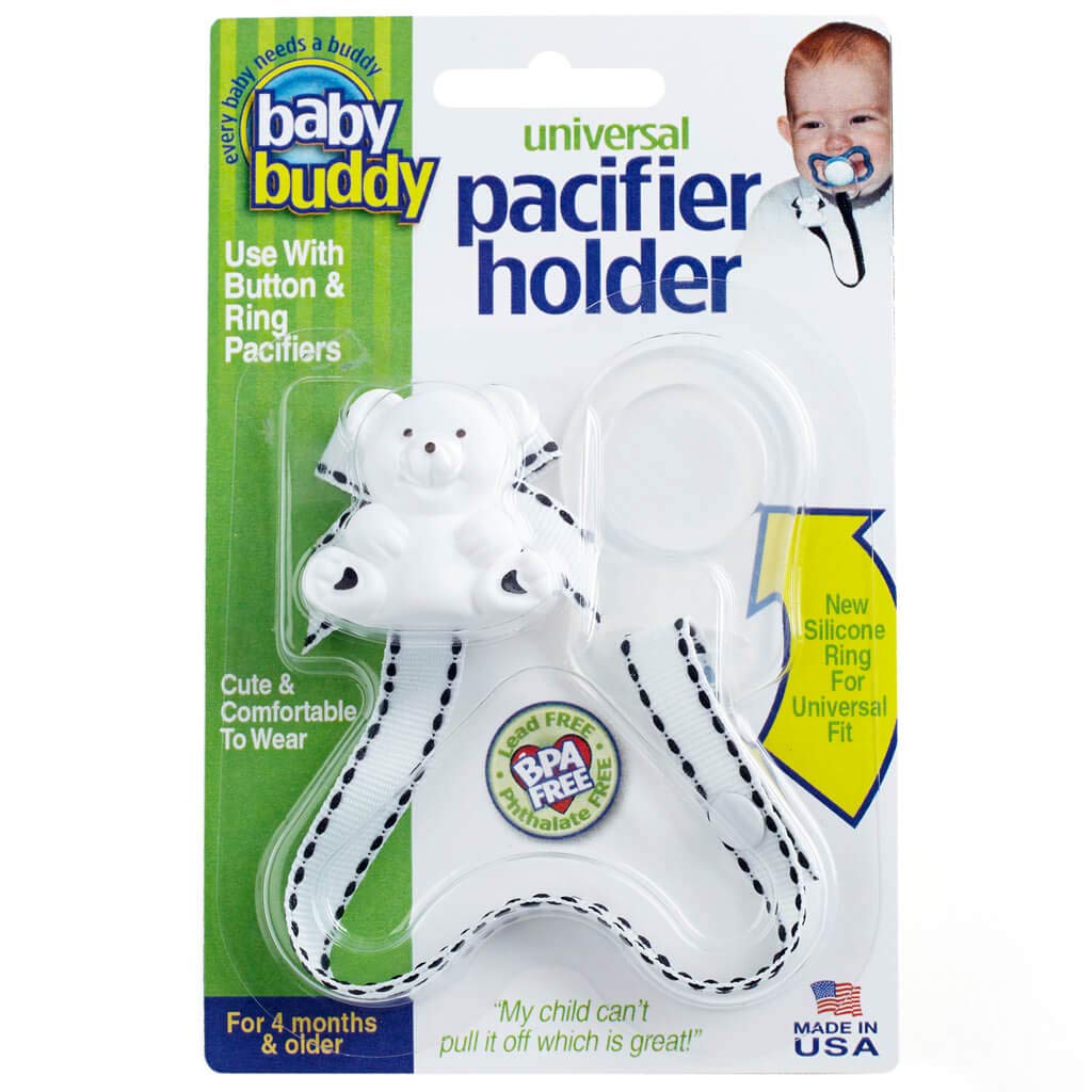 Baby Buddy Universeller Schnullerhalter Clip zum Befestigen an Paci oder Befestigung mit Universal-Silikonring, Schnuller-Clip für Babys ab 4 Monaten, Kleinkinder, Jungen und Mädchen, Must-Haves, weiß