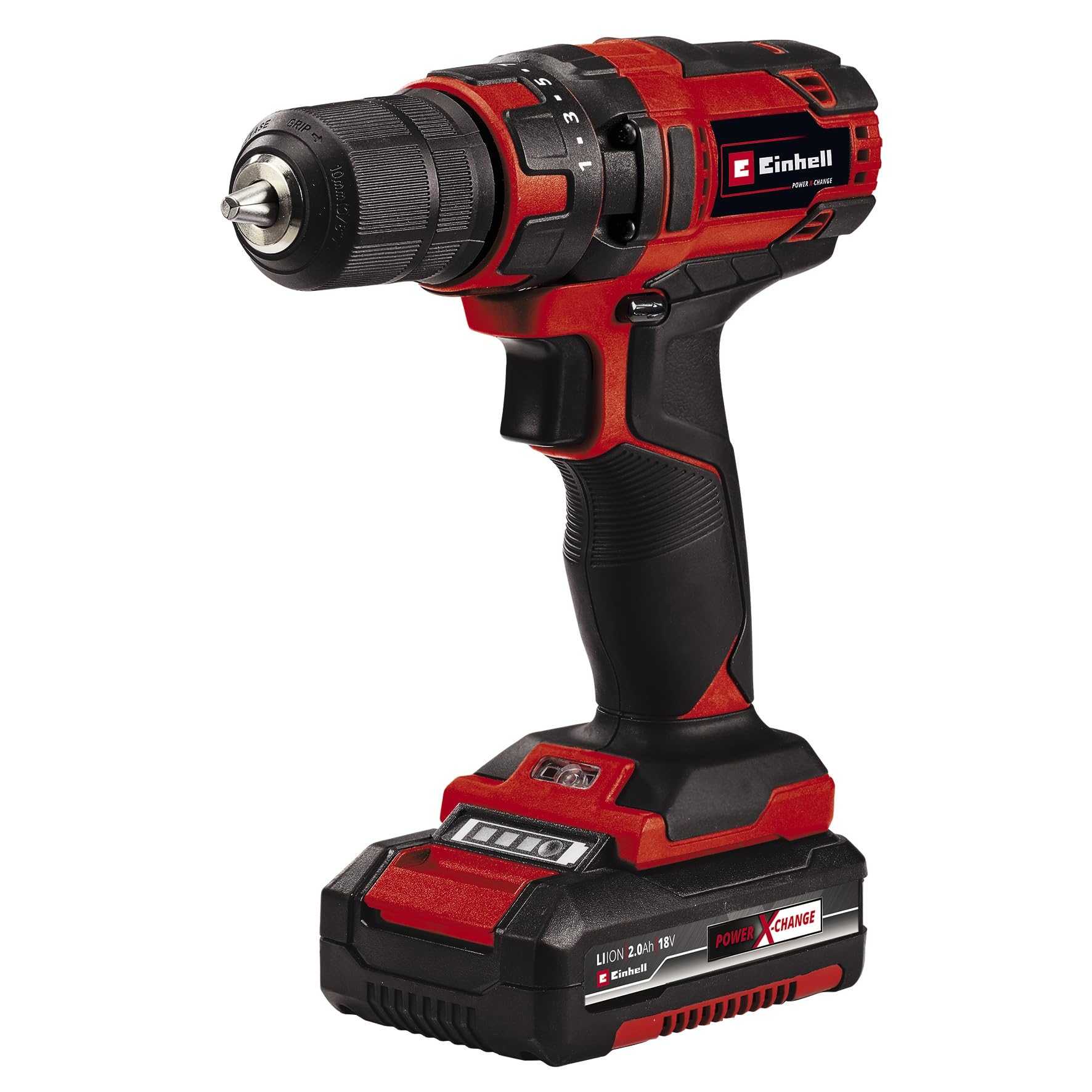 Einhell Akku-Bohrschrauber TC-CD 18/35 Li Kit Power X-Change (18 V, Drehzahlelektronik, LED-Beleuchtung, Softgrip, inkl. 2 Akkus 2,0 Ah, Ladegerät, Zubehörset, Koffer)