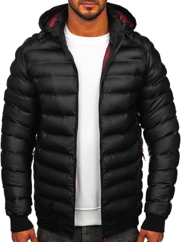 BOLF Herren Winterjacke Steppjacke Übergangsjacke Puffer Daunenjacke Reißverschluss Sportjacke Fell Kapuze Gepolstert Zip Outdoor Casual Style 22M325 Schwarz S [4D4]