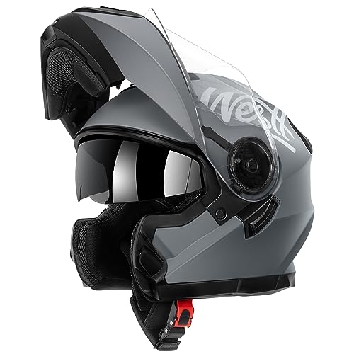 Westt Klapphelm Flip up Motorradhelm Integralhelm Herren Damen mit verstärktem Kinnschutz Chopper Moped Mofa Roller Modular Helm Motorrad mit ECE DOT Zertifizierung, grau, L (59-60 cm)