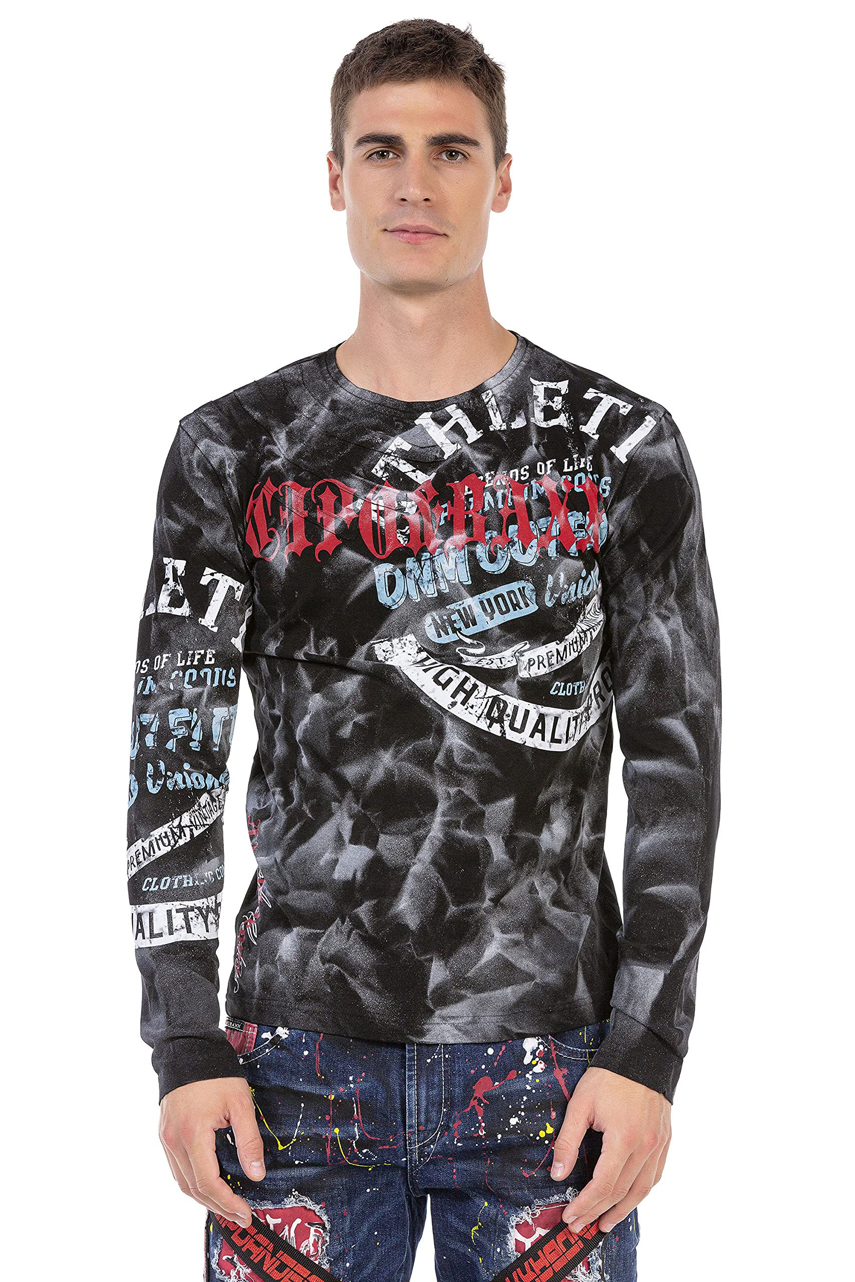 Cipo & Baxx Herren Langarmshirt Rundhals Print Longsleeve Longshirt Sweatshirt CL453 Schwarz L