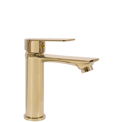 Rea Waschtischarmatur MAYSON GOLD LOW Wasserhahn Bad Badarmatur aus Messing Armatur für Waschbecken Badezimmer Mischbatterie Waschbecken Einhebel (Gold)