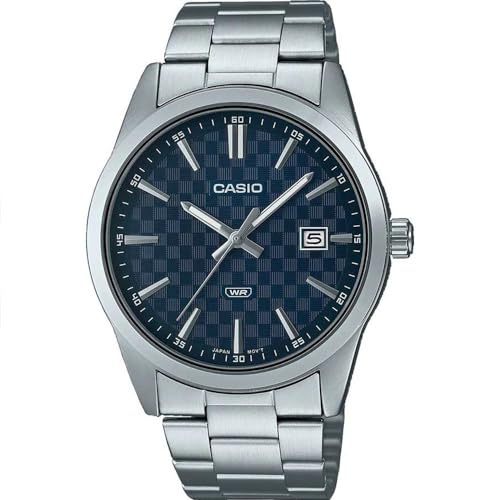 Casio MTP-VD03D-2A Herren-Armbanduhr, Standard-Stahl, blaues Zifferblatt, 3-Zeiger, analoge Armbanduhr, Schwarz, Analoguhr, Quarzuhrwerk