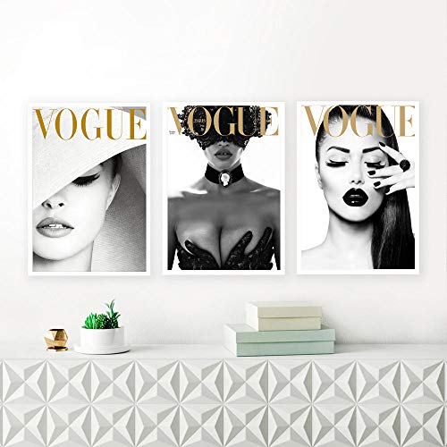 ZDFDC Leinwanddruck Gemälde Vogue Cover White Hat Poster und Drucke Wandkunst Bilder für Wohnzimmer Schlafzimmer Dekor Bild-40x60cmx3 ohne Rahmen