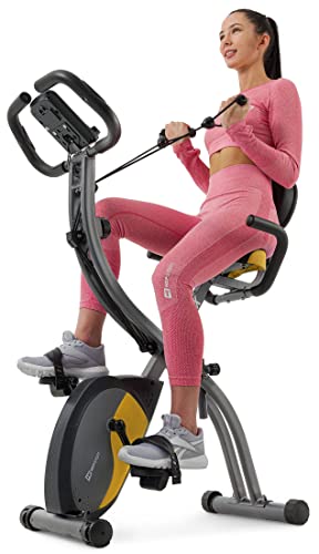 Hop-Sport 3-in-1 Fitness Heimtrainer klappbar HS-3010x Grix - Fitnessfahrrad mit Rückenlehne, Widerstandsbändern - Homterainer Fahrrad mit LCD-Display (Grau/Gelb)