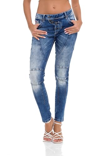 Cipo & Baxx Damen Jeanshose Slim Fit Ziernähte Denim Jeans Straight Hose Baumwolle WD502 Blau W29 L32