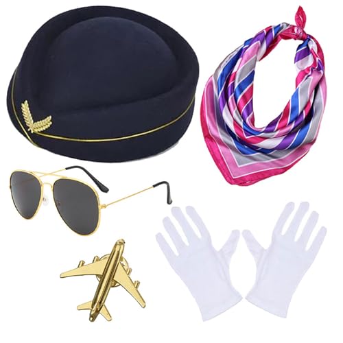 Mehrfarbige Stewardess-Hut + Sonnenbrille + Taschentücher/Handschuhe/Brosche für Erwachsene, Damen, Halloween, Karneval, Rollenspiel, Kostüm, Flugbegleiter, Hut und Schal, Flugbegleiter-Outfit,