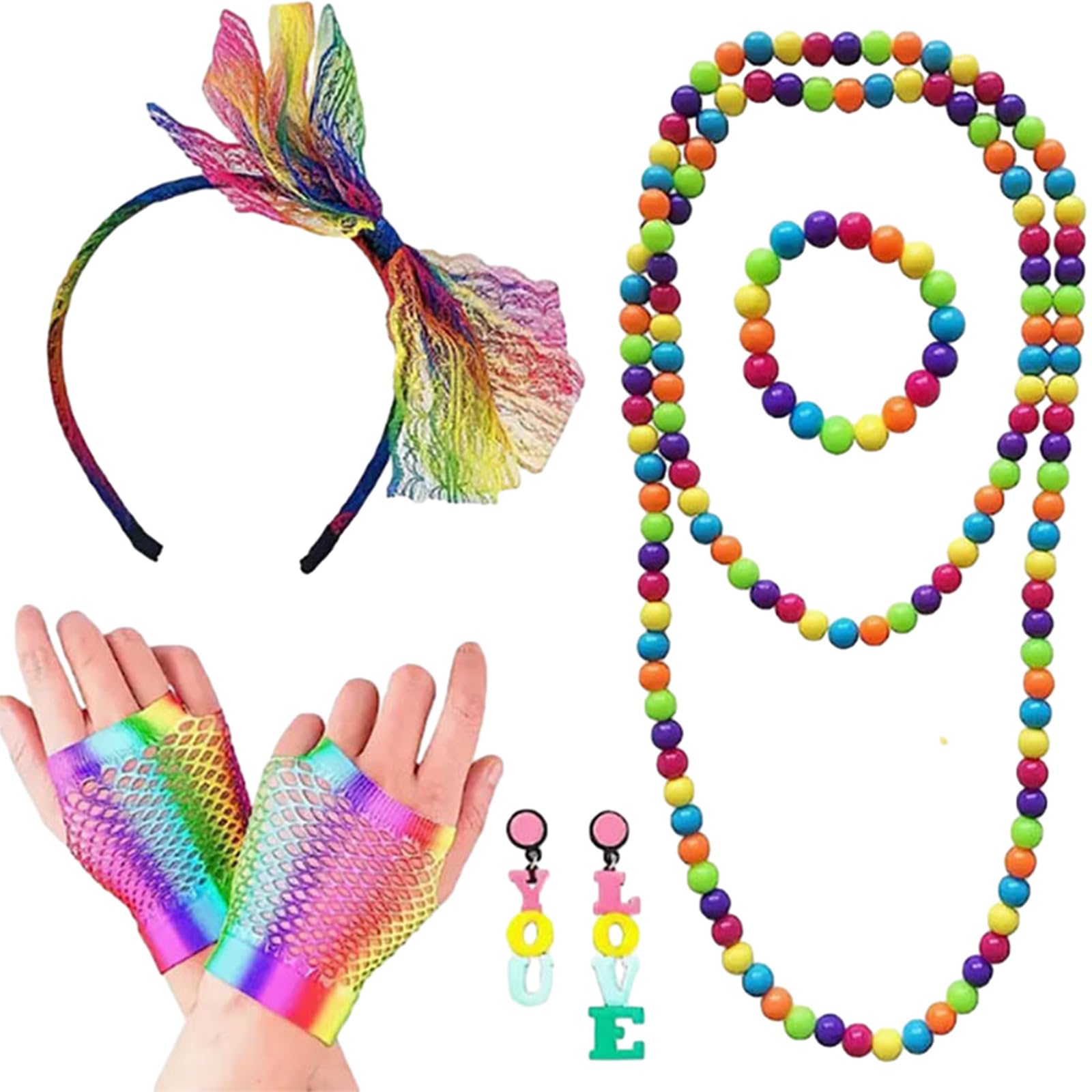 80er-Jahre-Kostüm-Zubehör, Spitze, Stirnband, bunte Ohrringe, Fischnetz-Handschuhe, Halskette, Armband, Verkleiden für Themenpartys, 80er-Jahre-Kostüm-Zubehör-Set, Fischnetz-Handschuhe, Halskette,