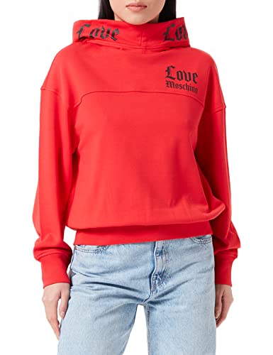 Love Moschino Women's Long-Sleeved Wraparound Hood with Love on hood's Band and Gothic Logo Print Sweatshirt, RED, 38