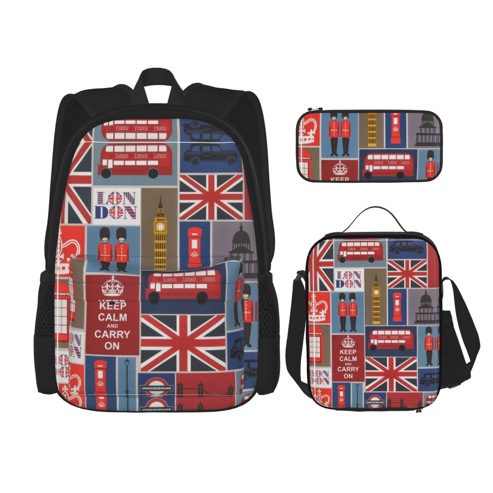 WURTON 3-in-1 Büchertaschen-Set, Motiv: England-Symbole, verstellbarer Schulter-Rucksack, Lunch-Tasche, Federmäppchen, Beutelbox, Schwarz, Einheitsgröße