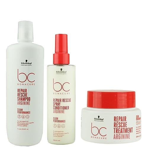 Schwarzkopf Bonacure Repair Rescue Shampoo 1000 ml, Bi Phase Conditioner 200 ml und Nourishing Treatment 200 ml