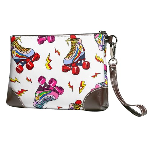 YFSGDLBN Gay Pride Damen-Clutch, Motiv: Herzen, aus echtem Leder, mit Reißverschluss, Regenbogenfarben, Farbiger Rollschuh-Druck, Einheitsgröße