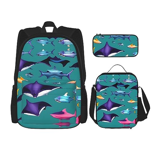 WURTON Manta Ray und Fische Druck Lunchbox Federmäppchen Rucksack Set 3 Stück Verstellbare Träger Langlebig Leicht, Schwarz, One Size