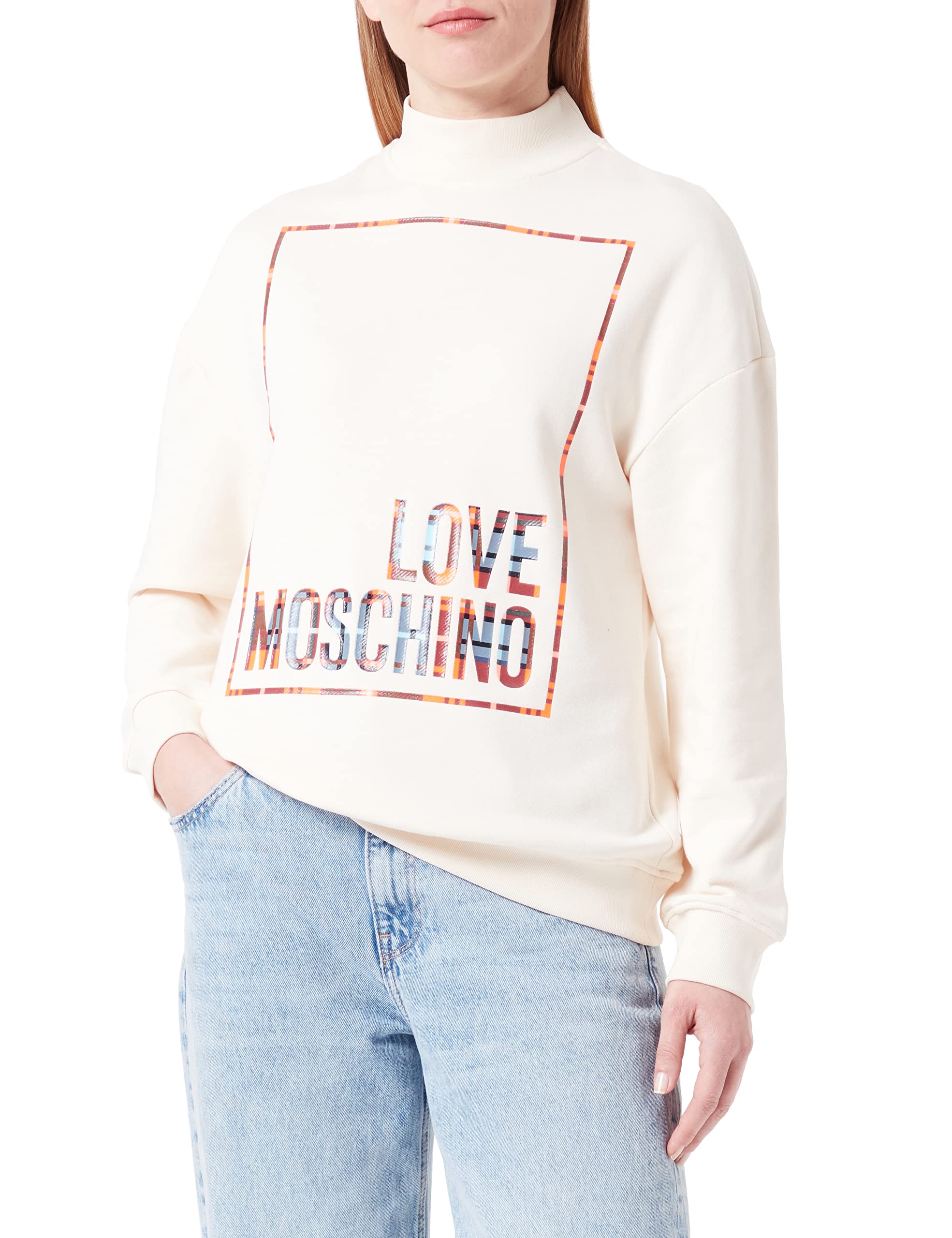 Love Moschino Women's Regular fit high Collar with Shiny Print Logo Box Sweatshirt, Cream, 48