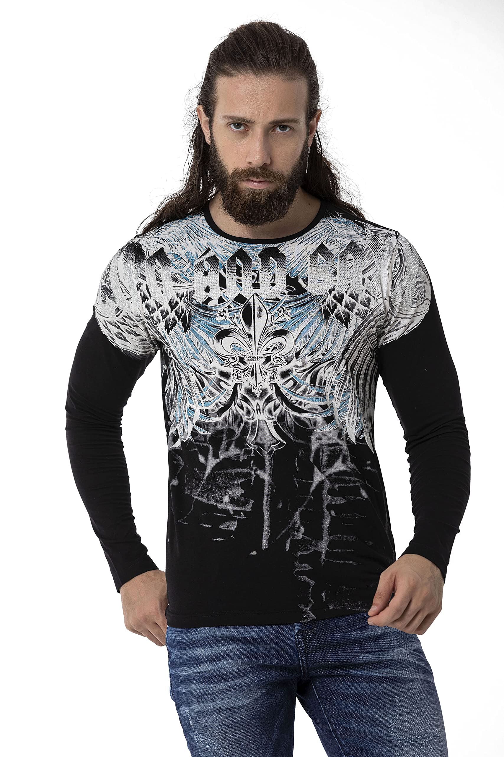 Cipo & Baxx Herren Langarmshirt Print Longsleeve Rundhals Sweater CL516 Schwarz XXL