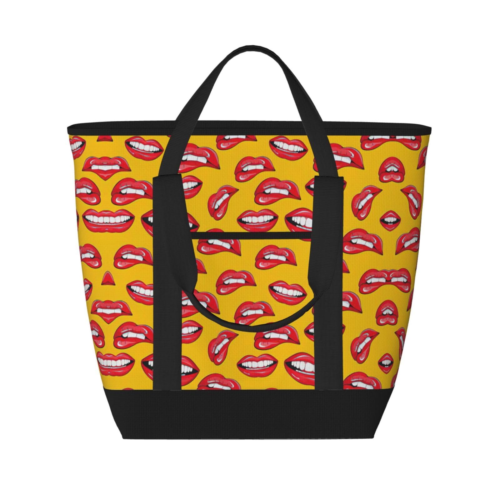 YQxwJL Tragetasche mit Aufschrift "Smiling and Biting Her Red Lips", großes Fassungsvermögen, isolierte Lunchtasche, wiederverwendbare Einkaufstasche mit Reißverschluss für Damen und Herren